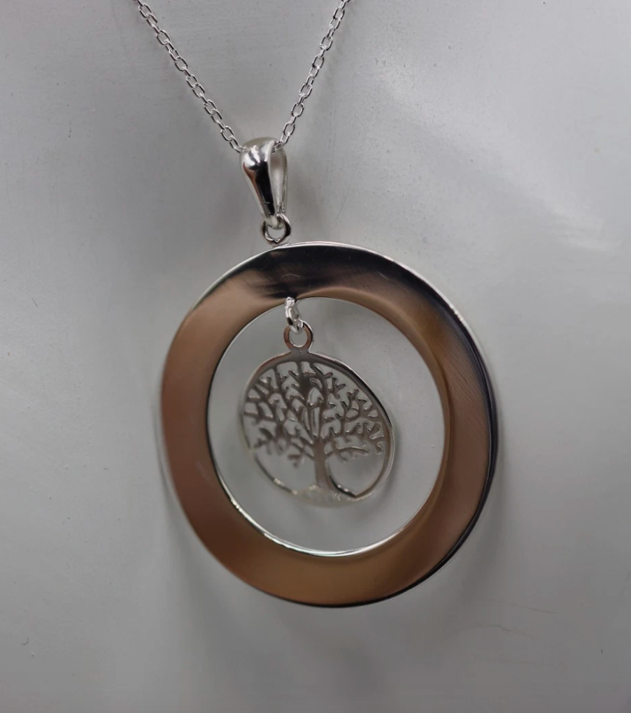 Sterling Silver Open Circle Engraving Disc Pendant + ‘Tree of Life’ + 40cm Chain