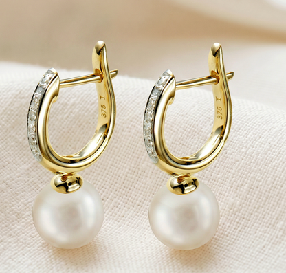 Kaedesigns 9ct Yellow Gold Diamond Set Cultured Pearl Ball Drop Huggie Earrings
