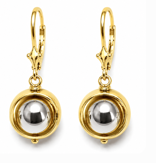 Genuine 9k 9ct White & Yellow Gold Spinning Belcher Ball Continental Hooks Drop Earrings