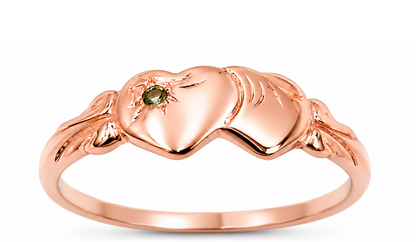Genuine 9ct 9k 375 Yellow, Rose or White Gold Double Heart Signet Ring Peridot -August Birthstone