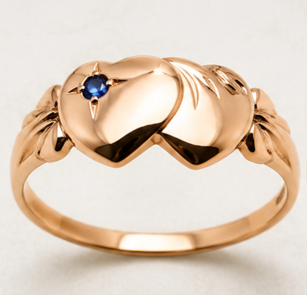 Genuine 9k 9ct 375 Yellow, Rose & White Gold Aust Blue Sapphire Double Heart Signet Ring - Choose your size