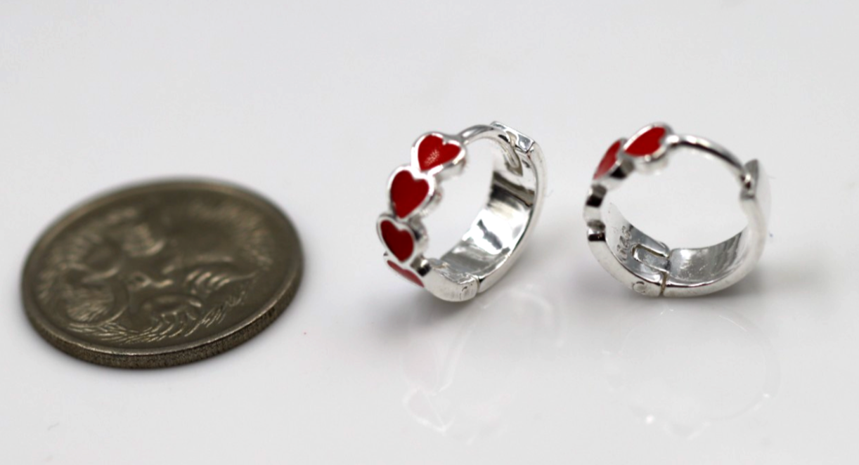 Sterling Silver 925 Small Enamel 4 Heart Huggies Hoop Earrings