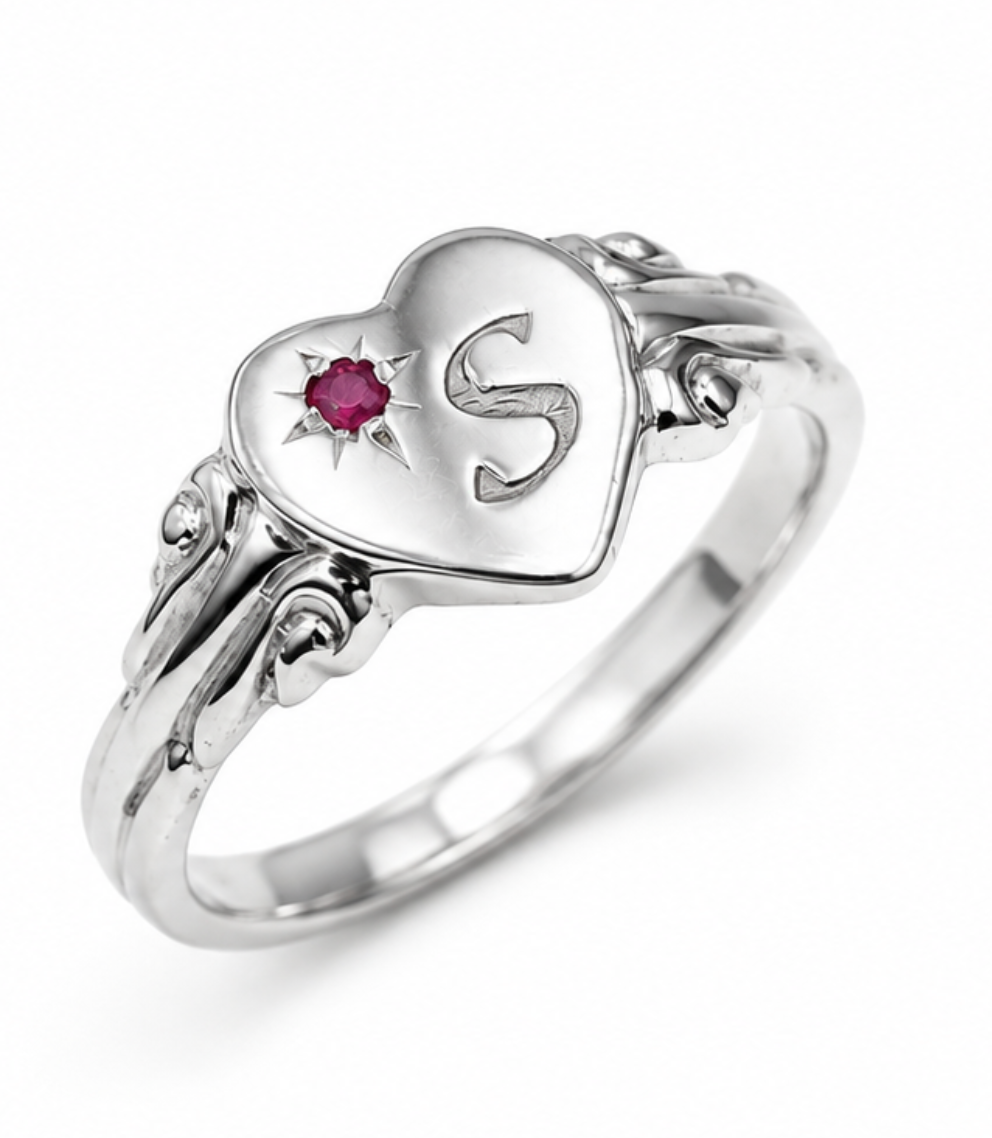 Sterling Silver 925 Heart Pink Sapphire Set Signet Ring + Engraving 1 initial- Choose your size