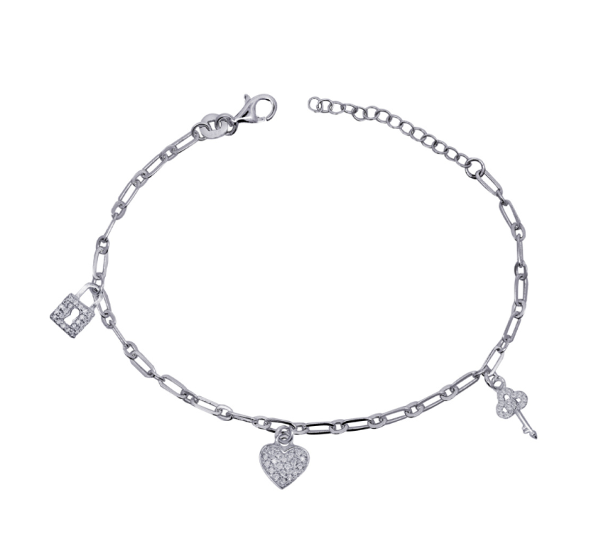 Sterling Silver 925 19cm Charm Paperclip Bracelet White Cz Padlock, Heart & Key
