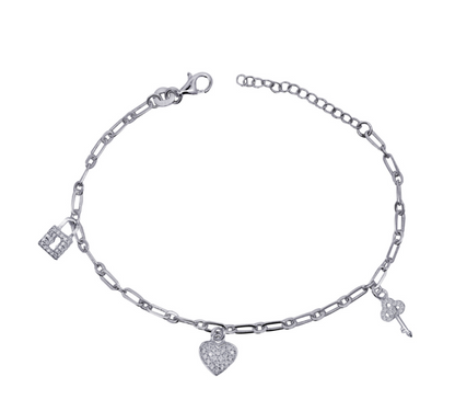 Sterling Silver 925 19cm Charm Paperclip Bracelet White Cz Padlock, Heart & Key