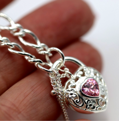 Sterling Silver 925 Heart Padlock (Pink CZ) Figaro Bracelet 19cm