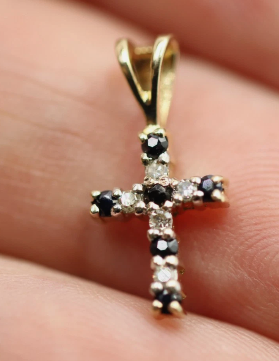 Small 9ct Yellow Gold Sapphire & Diamond Cross Pendant Charm