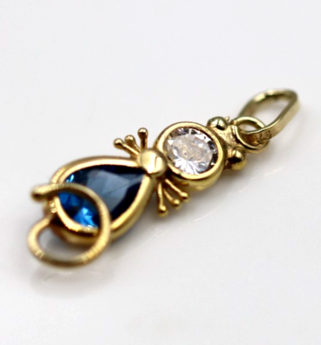 9ct Yellow Gold Blue & Clear Cubic Zirconia Cat Pendant Charm