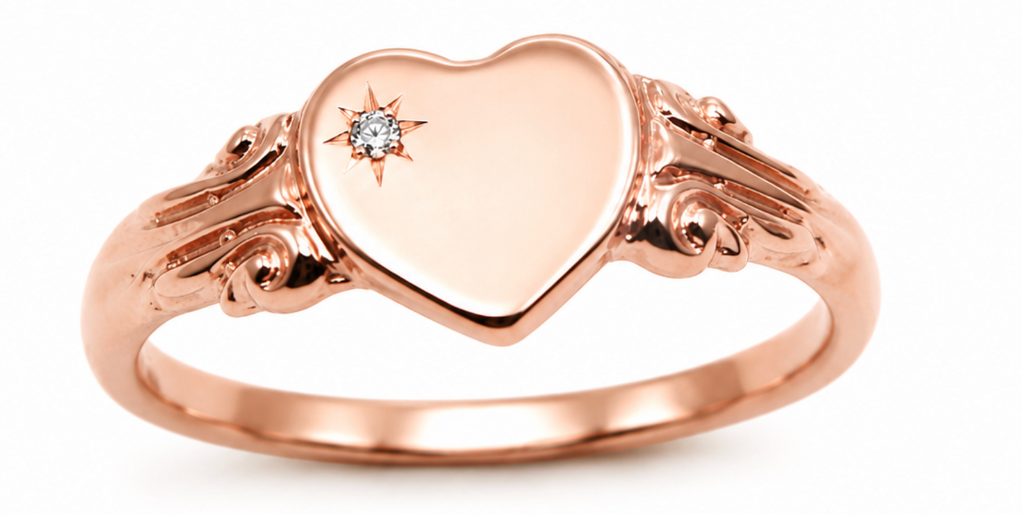 Solid Genuine 9ct 9kt 375 Yellow, Rose or White Gold Heart Signet Ring Diamond Ring - Choose your size