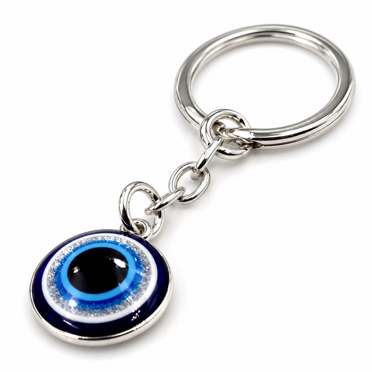 Genuine Sterling Silver 925 Greek Evil Eye Key Ring Keyring with Chain + 21mm