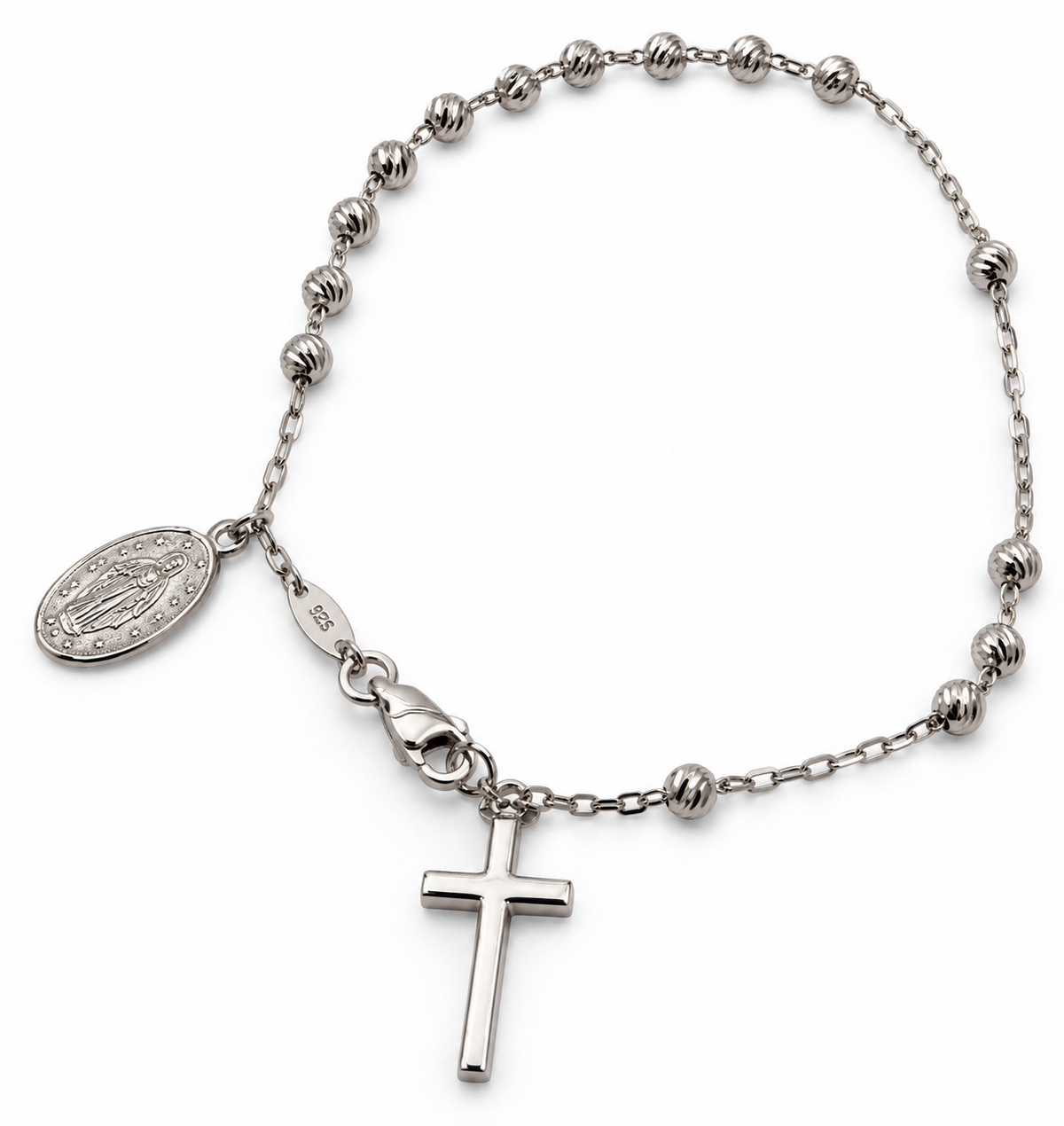 18ct White Gold Rosary Bead Cross Bracelet – 18.5cm
