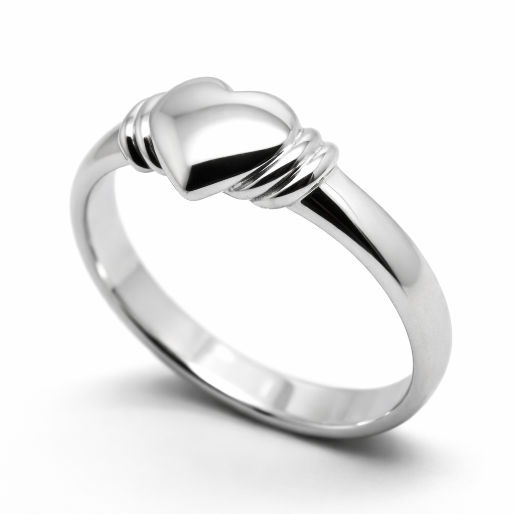 Genuine 9ct 9k Small Solid White Gold Heart Signet Ring - Ring size F