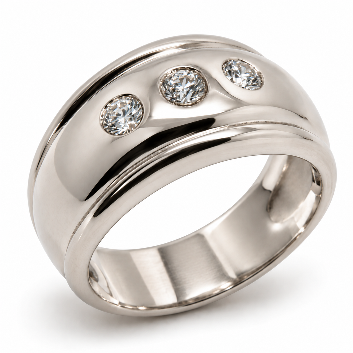 Genuine 9ct 375 Full Solid Yellow, Rose or White Gold Lab Grown Three Diamonds Thick Dome Ring 10mm Wide