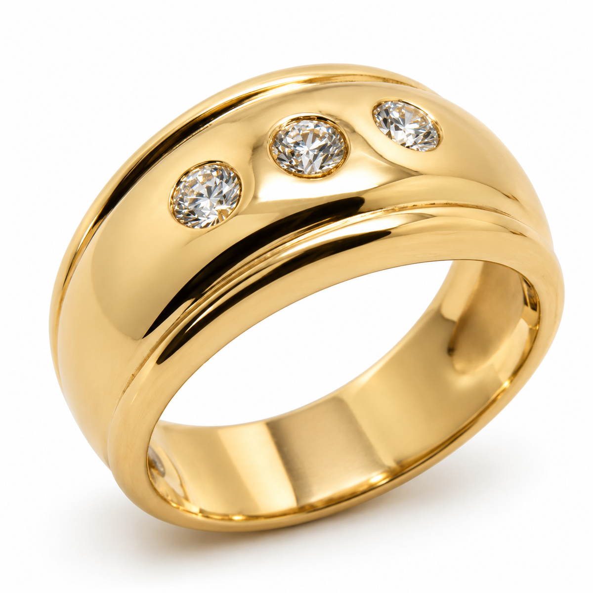 Genuine 9ct 375 Full Solid Yellow, Rose or White Gold Lab Grown Three Diamonds Thick Dome Ring 10mm Wide