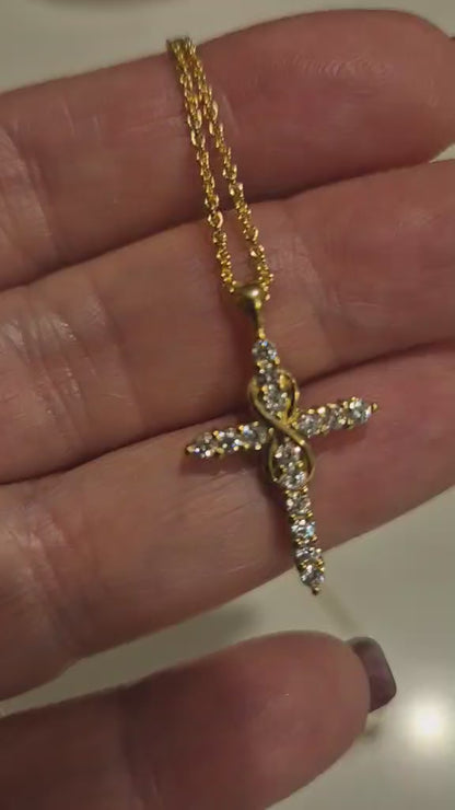 Genuine 18ct 18k 750 Yellow Gold Round Lab Grown Diamond Infinity Cross Pendant & 18ct Cable Chain 45cm