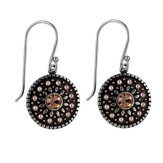 Genuine Sterling Silver Oxidised 925 Light Peach Created Pearls Centre Crystal Earrings