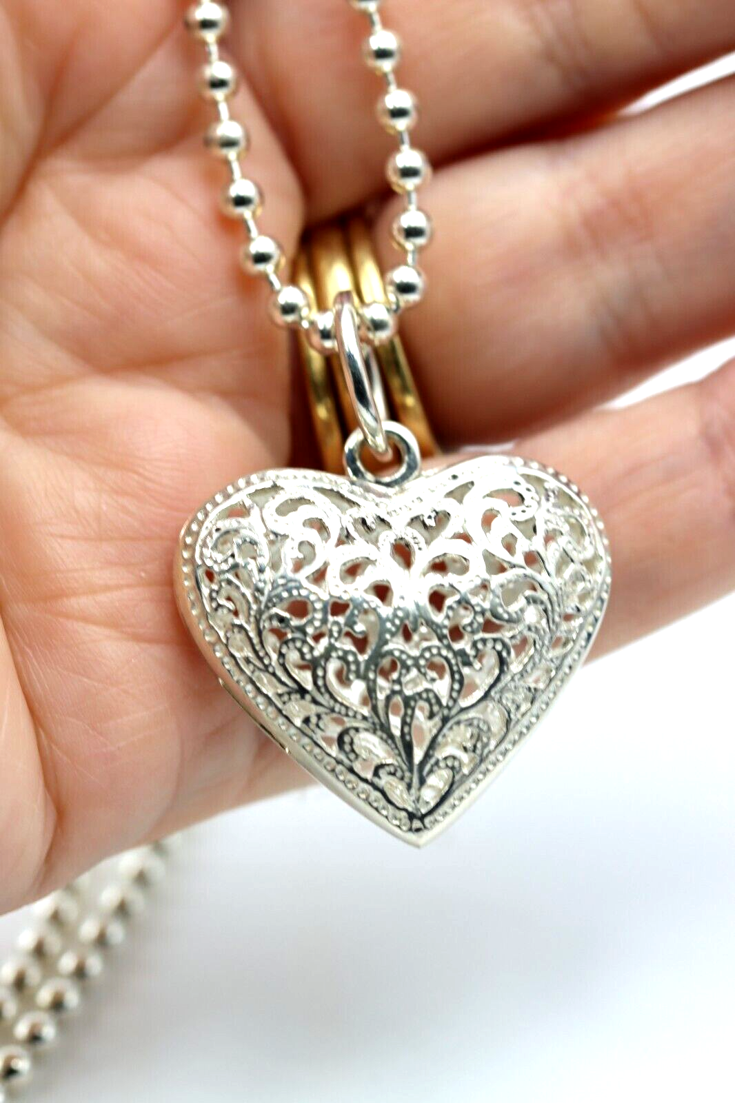 Genuine Sterling Silver 73cm Ball Necklace Large Heart Pendant