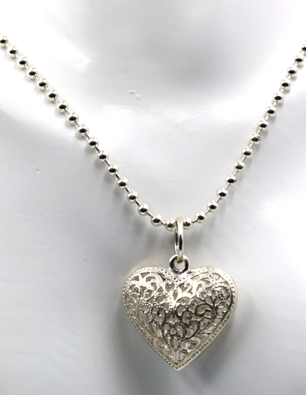 Genuine Sterling Silver 73cm Ball Necklace & Large Heart Pendant