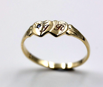 Genuine 9ct 9k Yellow, Rose or White Gold Aust Blue Sapphire Double Heart Signet Ring plus engraving