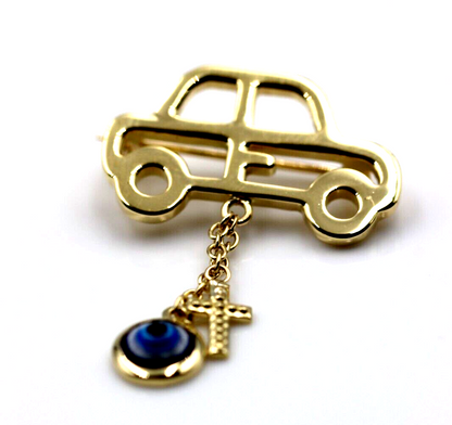 Genuine 9ct, 14ct or 18ct Yellow Gold Baby Child's Kids Car Cross Brooch Evil Eye Mati