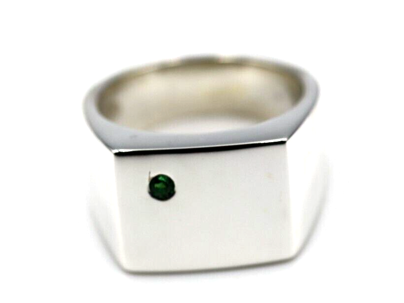 Size R Mens Genuine Emerald Set Sterling Silver Rectangle Signet Ring