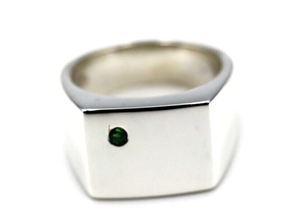 Size R Mens Genuine Emerald Set Sterling Silver Rectangle Signet Ring