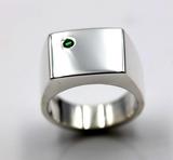 Size R Mens Genuine Emerald Set Sterling Silver Rectangle Signet Ring
