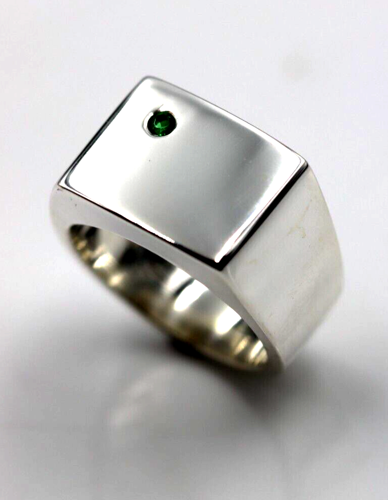 Size R Mens Genuine Emerald Set Sterling Silver Rectangle Signet Ring