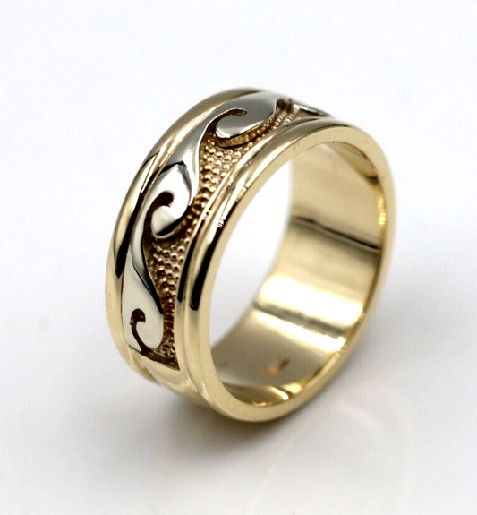 Size Q / 8, Solid Genuine 9ct 9kt Yellow And White Gold Mens Surf Wave Ring