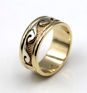 Size Q / 8, Solid Genuine 9ct 9kt Yellow And White Gold Mens Surf Wave Ring