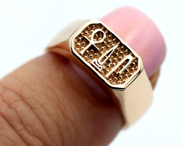 Size O / 7  - Genuine 9ct Rose Gold Signet Ring Egyptian Hieroglyphic symbols-Success,Happiness,Health - Free post
