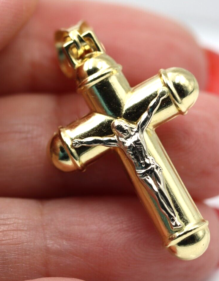 Genuine 18ct 18kt 750 Yellow/White Gold Hollow Crucifix Cross Pendant-Free Post