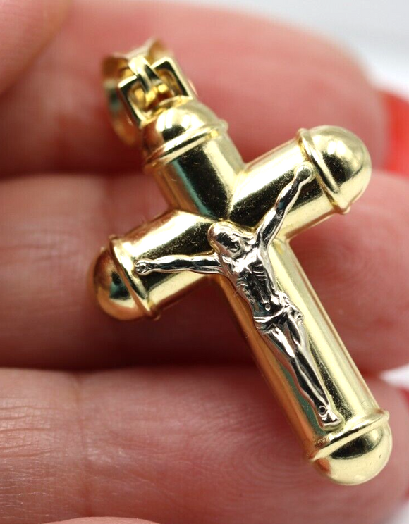 Genuine 18ct 18kt 750 Yellow White Gold Hollow Crucifix Cross