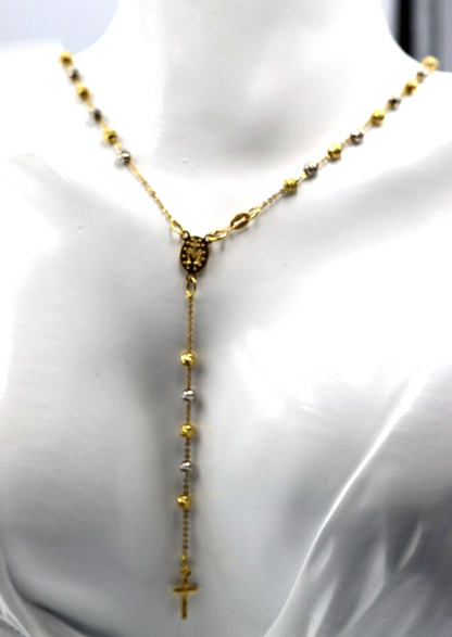 18ct Yellow Gold Ball Rosary Bead Necklace Mary Miraculous + Cross Pendant