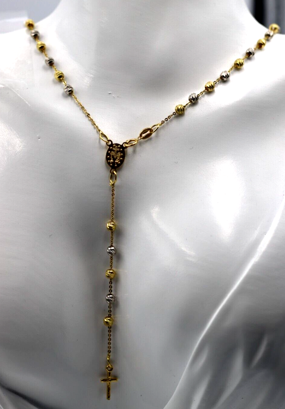 18ct Yellow Gold Ball Rosary Bead Necklace Mary Miraculous + Cross Pendant