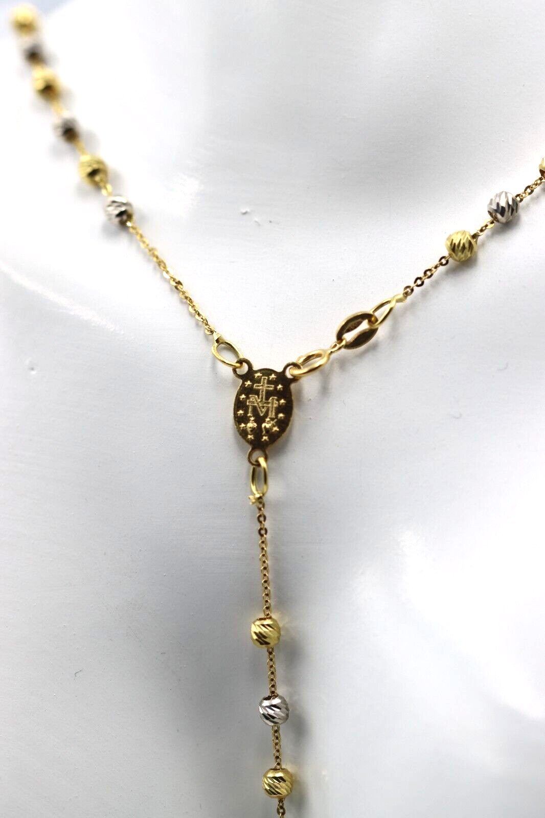 18ct Yellow Gold Ball Rosary Bead Necklace Mary Miraculous + Cross Pendant