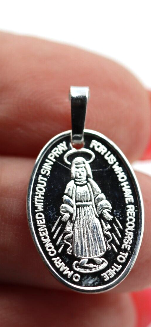 Genuine Fine Silver 999 Miraculous Mary Pendant 20mm x 9mm Oval