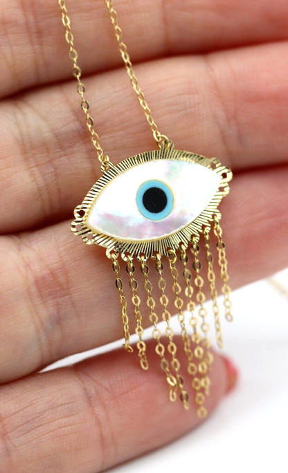 18ct 750 Gold Yellow Gold 43cm Mother Pearl Greek Eye Necklace Chain -Free express post