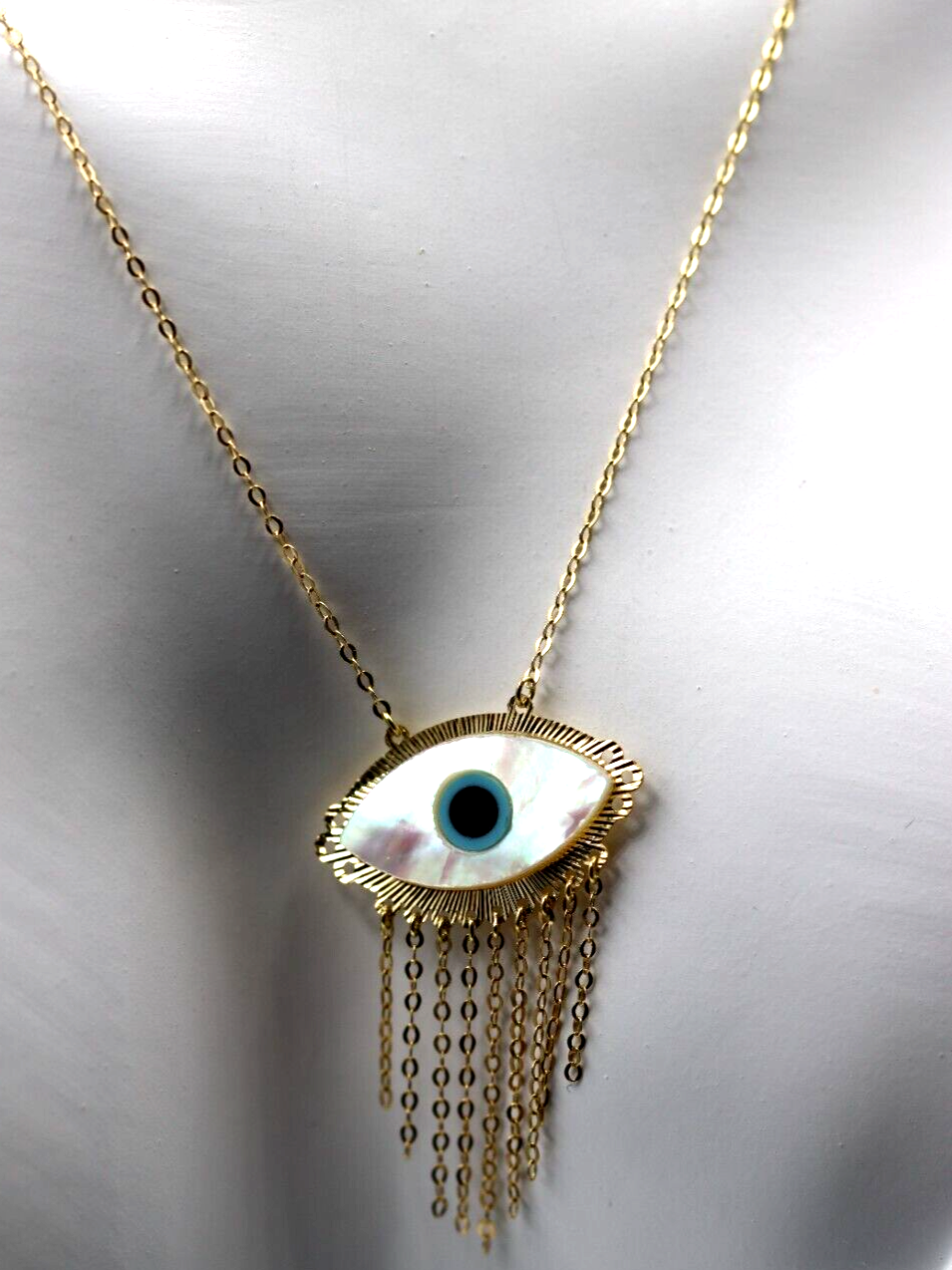 18ct 750 Gold Yellow Gold 43cm Mother Pearl Greek Eye Necklace Chain -Free express post