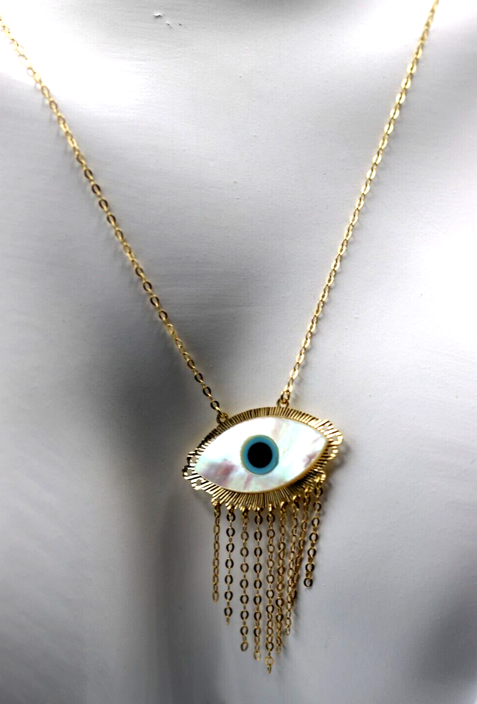 18ct 750 Gold Yellow Gold 43cm Mother Pearl Greek Eye Necklace Chain -Free express post