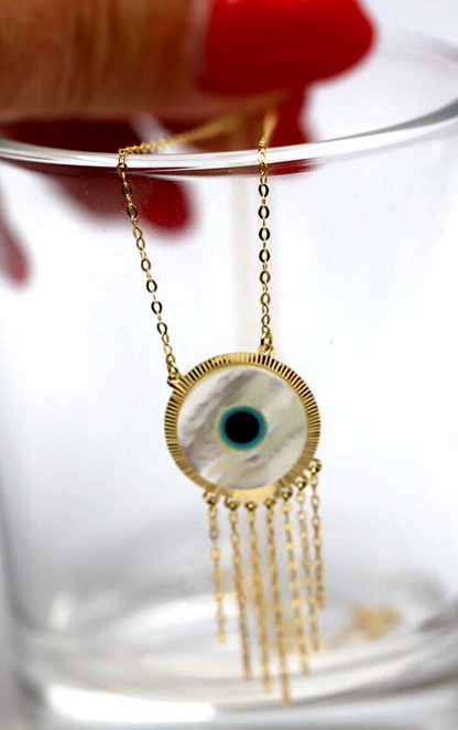 18ct 750 Gold Yellow Gold 43cm Mother Pearl Greek Eye Necklace Chain