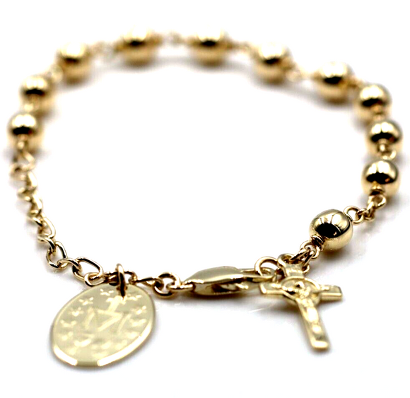 Genuine 9ct Yellow, Rose or White Gold 6mm Ball Rosary Bead Bracelet 21cm Long Mary Miraculous Pendant