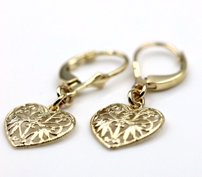 Genuine 9ct Yellow, Rose or White Gold Filigree Heart Drop Filigree Continental Hook Earrings