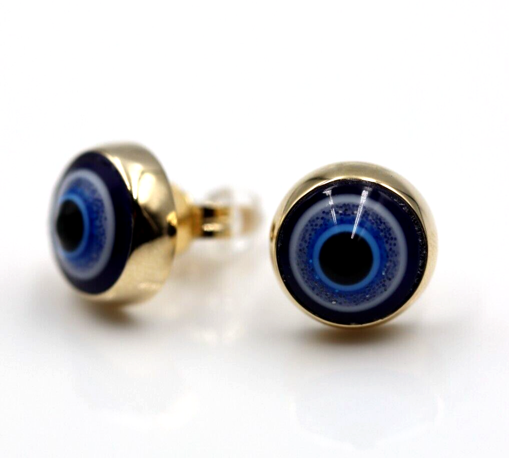 9ct 9K Solid Yellow, Rose or White Gold 12mm Evil Eye Stud Ball Earrings