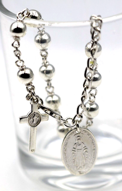 Genuine 9ct Yellow, Rose or White Gold 6mm Ball Rosary Bead Bracelet 21cm Long Mary Miraculous Pendant