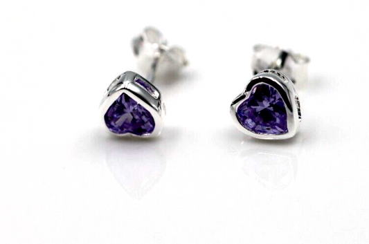 Genuine Sterling Silver 925 7mm Lavender Cubic Heart Stud Earrings