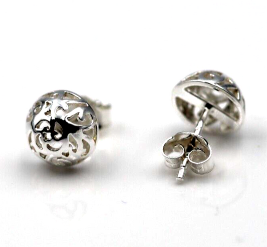 Genuine Sterling Silver 925 8mm Filigree Stud Half Ball Earrings