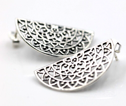 Genuine Sterling Silver 925 Large Semi Circle Filigree Stud Earrings