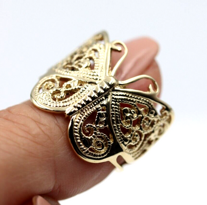 Large Solid 9ct Yellow, Rose or White Gold Filigree Butterfly Ring - Choose your size