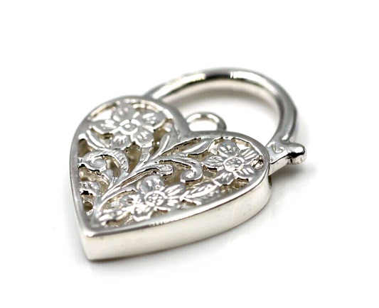 Large Sterling Silver Filigree Flat Heart Padlock Pendant 20mm